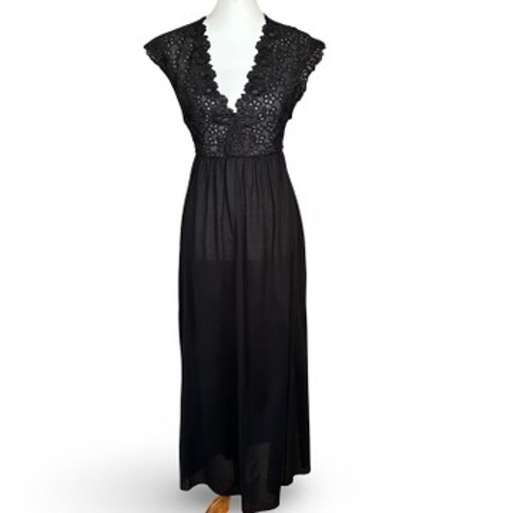 Vintage 90s Hanro Switzerland Black Lace Cotton Tie-Back Gown Sz S